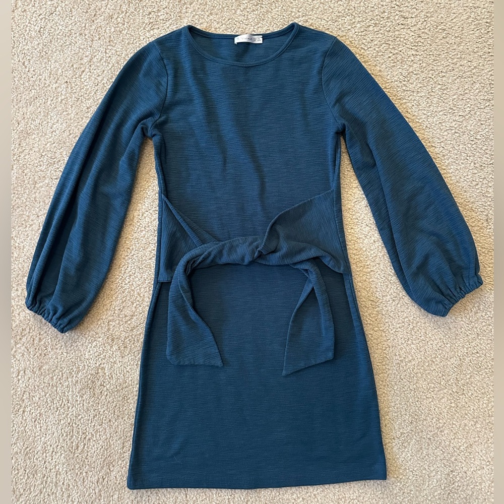 Teal Long Sleeve Dress with Tie Front